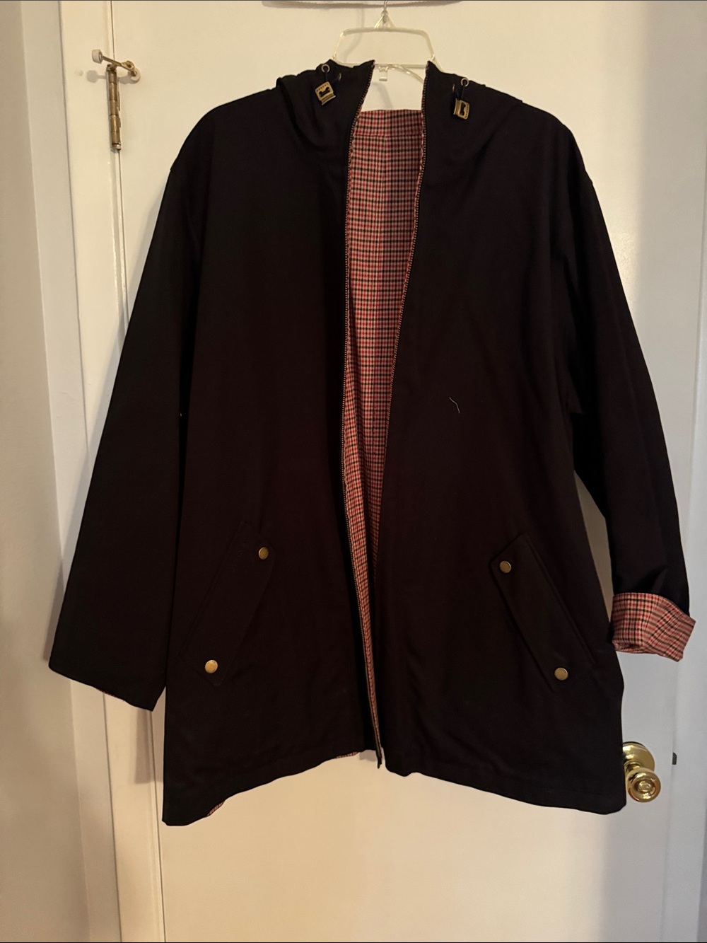 Lauren Black/Checked Reversible Car Coat with Hood NWOT
